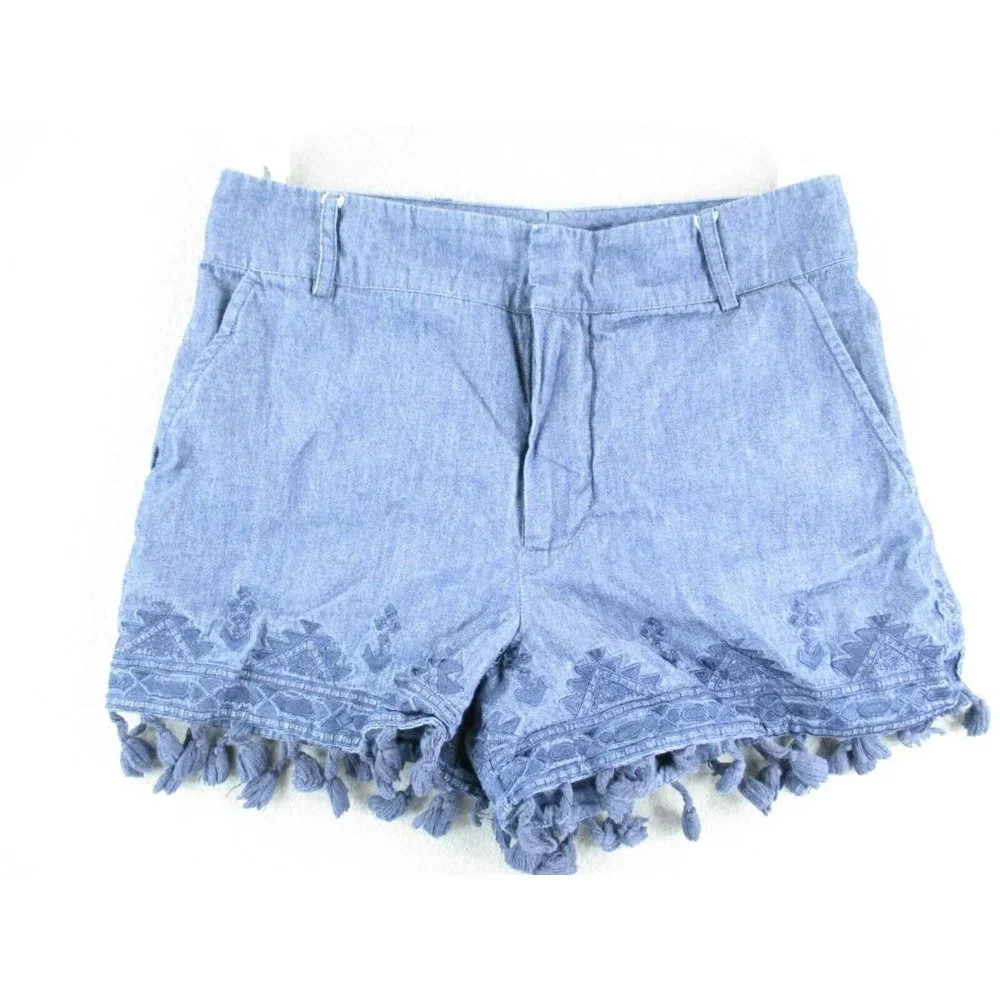Parker Shorts Womens 0 Blue Chambray Denim Lace Cut Out Tassels 100% Cotton - Picture 1 of 6